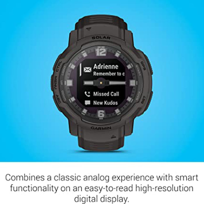 Garmin Instinct Crossover Graphite Silicone Band Solar Charging Capabilities Analog Hands and Digital Display Rugged Hybrid Smartwatch - 010-02730-11