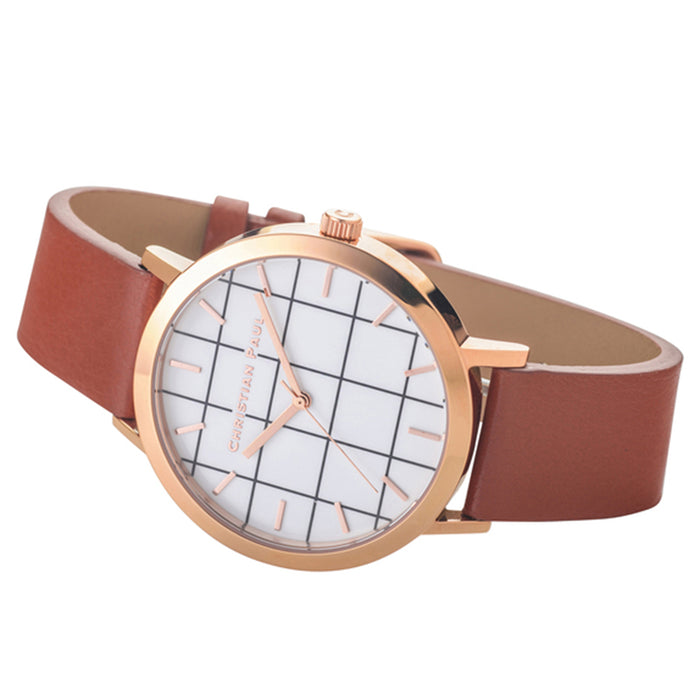 Christian Paul Unisex Stainless Steel Rose Gold Brown Leather Band White Dial Round Watch - GR-06