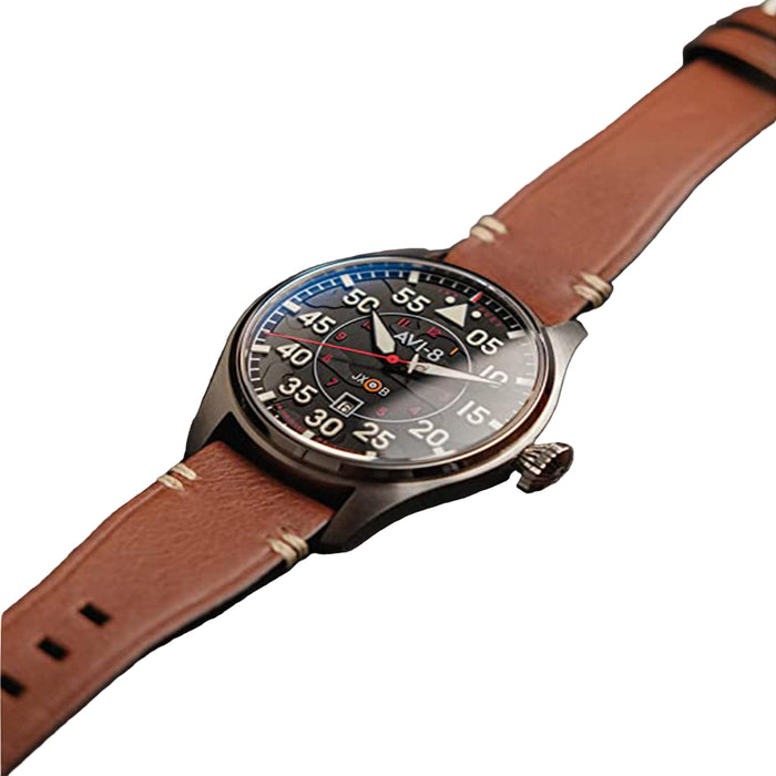 AVI-8 Men's Black Dial Brown Leather Band Hawker Hurricane Clowes Japanese Automatic Pilot Watch - AV-4097-01