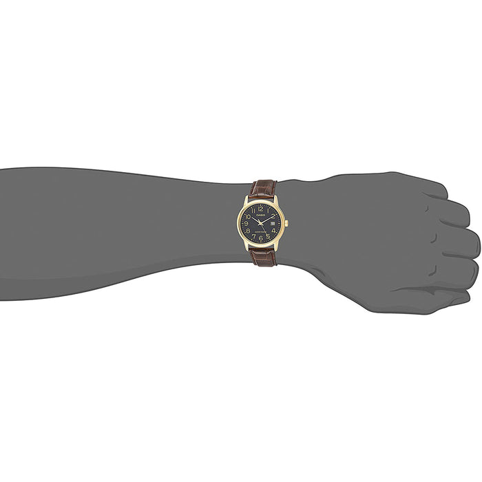 Casio Mens Brown Leather Strap Easy Reader Black Dial Analog Quartz Watch - MTP-V002GL-1BUDF