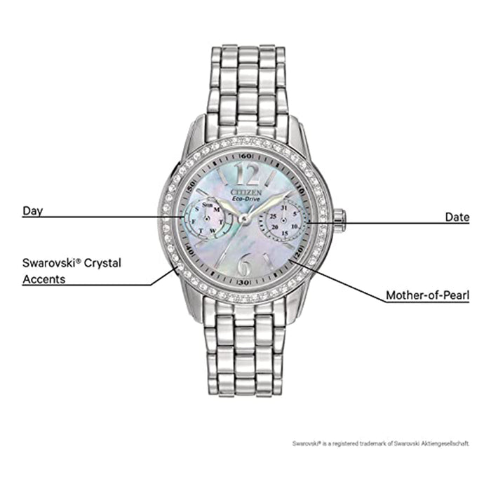 Citizen Womens Eco-Drive Mother of Pearl Dial Swarovski Crystal Accents Quartz Watch - FD1030-56Y