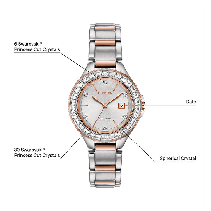 Citizen Eco-Drive Womens Silver/Rose Gold Stainless Steel Band Silver Quartz Dial Watch - FE1196-57A