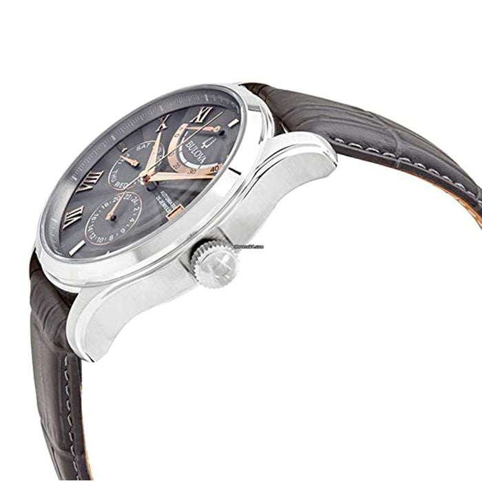 Bulova Precisionist Mens Grey Leather Band Wilton Grey / Rose Gold Dial Automatic Watch - 96C143