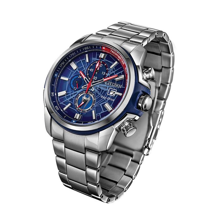 Citizen Eco-Drive Spider-Man Mens Silver Stainless Steel Band Blue Quartz Dial Watch - CA0429-53W