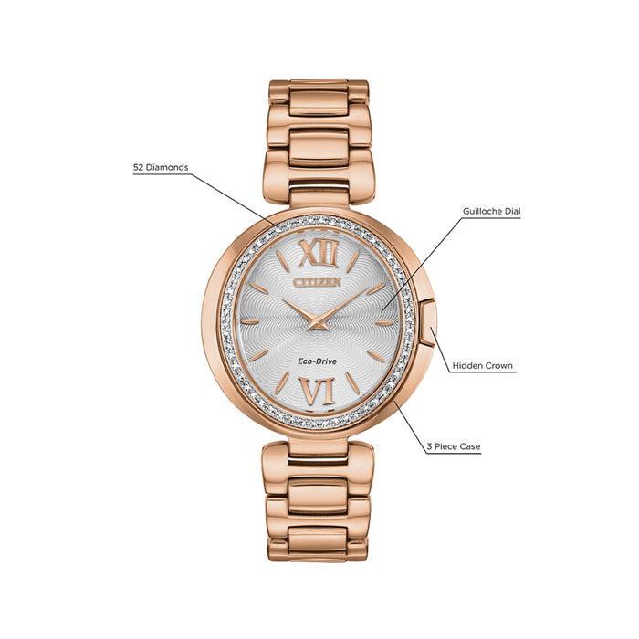 Citizen Capella Eco-Drive Womens Pink Gold Stainless Steel Band Silver-Tonе Quartz Dial Watch - EX1503-54A