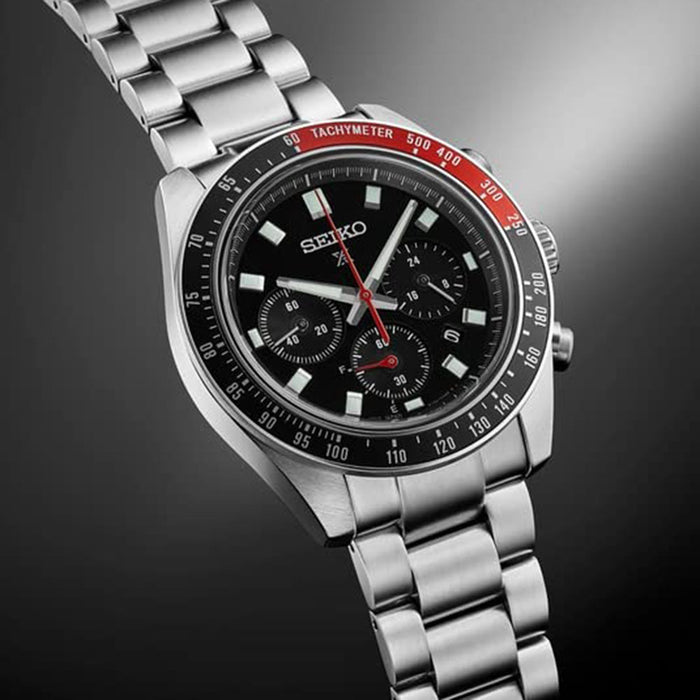 Seiko Men's Black Dial Silver Stainless Steel Band Chronograph Prospex Solar Quartz Watch - SSC915