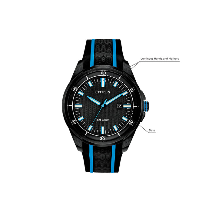 Citizen AR - Action Required Drive Mens Black/Blue Silicone Band Black Quartz Dial Watch - AW1605-09E