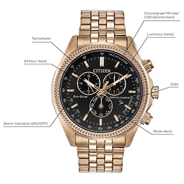 Citizen Mens Brycen Black Dial Rose Gold Band Stainless Steel Chronograph Watch - BL5563-58E