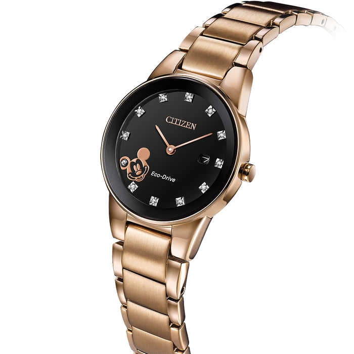 Citizen Eco-Drive Disney Mickey Mouse Womens Rose Gold Stainless Steel Band Black Quartz Dial Watch - GA1056-54W