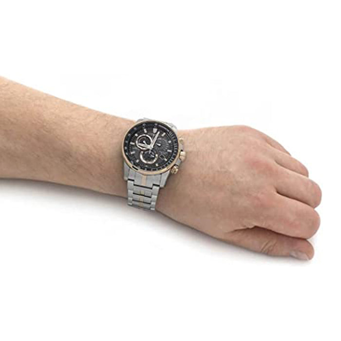 Citizen Eco-Drive Mens Pcat Radio-Controlled Two-Tone Bracelet Band Black Quartz Dial Watch - AT4126-55E