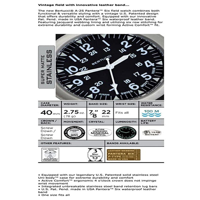 BERTUCCI Mens Brown Leather Band Pantera Six Quartz Wrist Watch - 11508