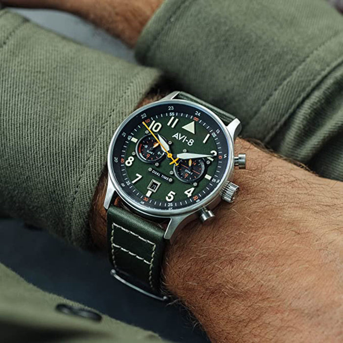 AVI-8 Men's Green Dial Leather Band Dual Watches | WatchCo.com